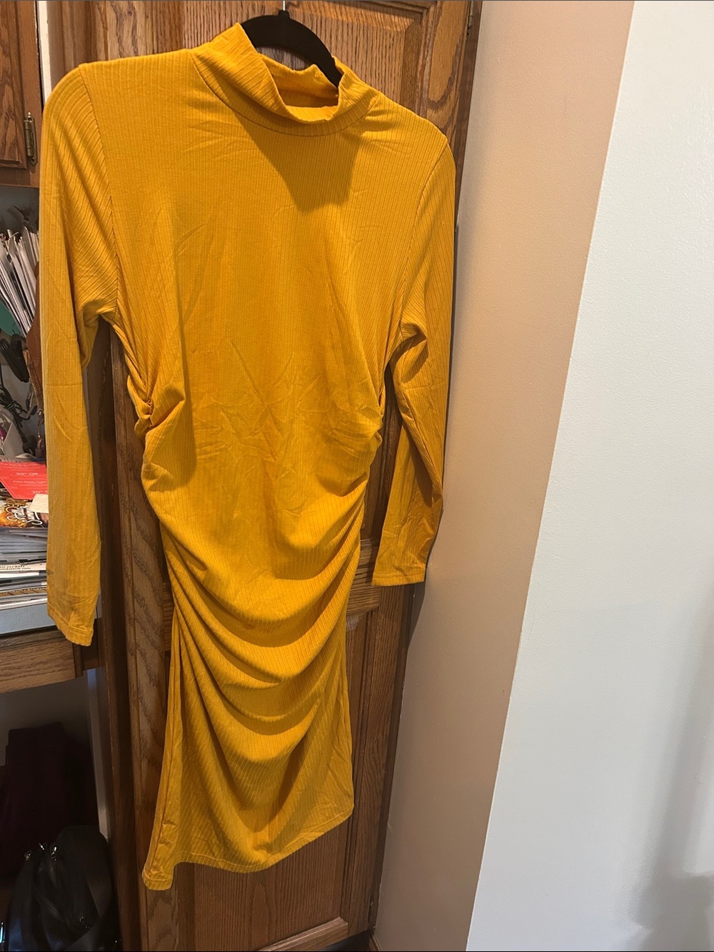 Mustard Yellow Ruched Long-Sleeve Turtleneck Dress